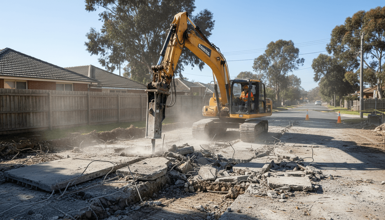Excavator breaking up concrete during removal project in Melbourne