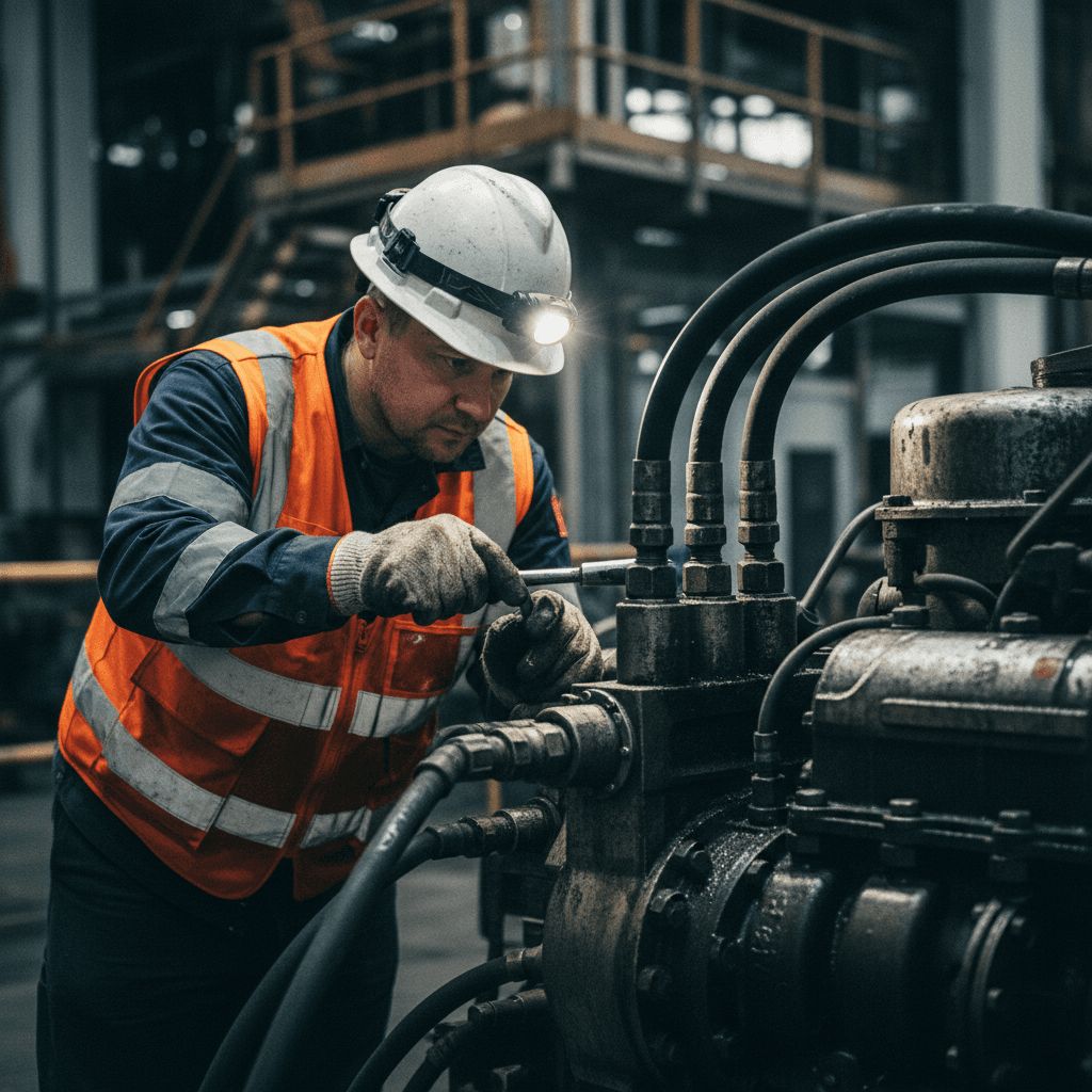 Operator performing pre-work safety inspection