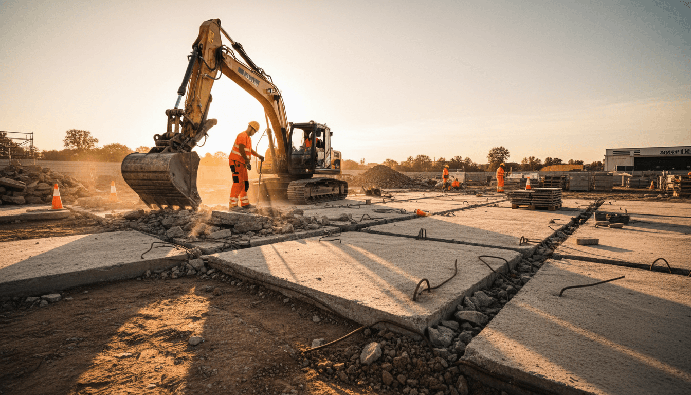 Excavation crew clearing concrete on a residential Melbourne site with modern equipment and professional safety gear