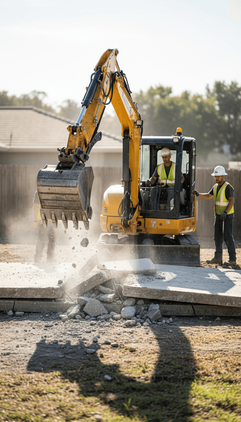 Excavator breaking up concrete on a residential site in Melbourne