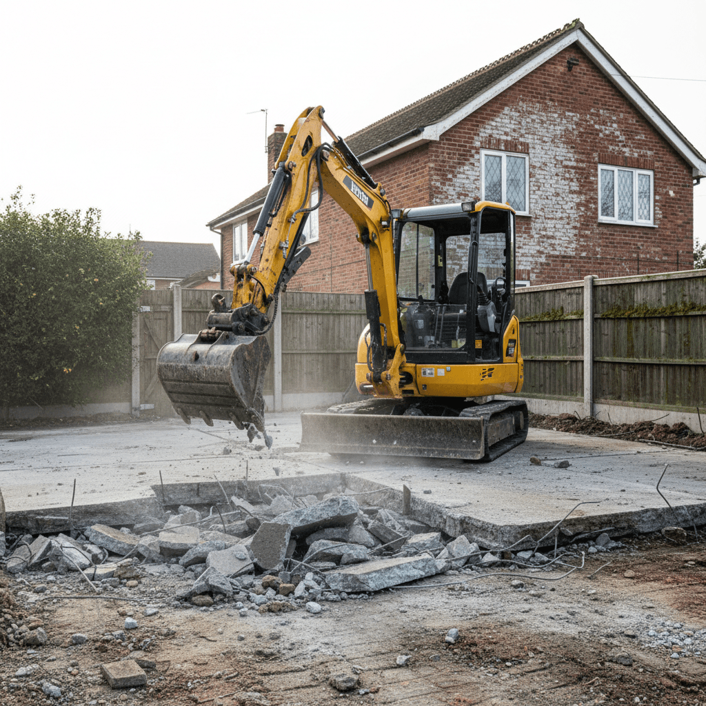 Residential driveway concrete removal in progress with excavator