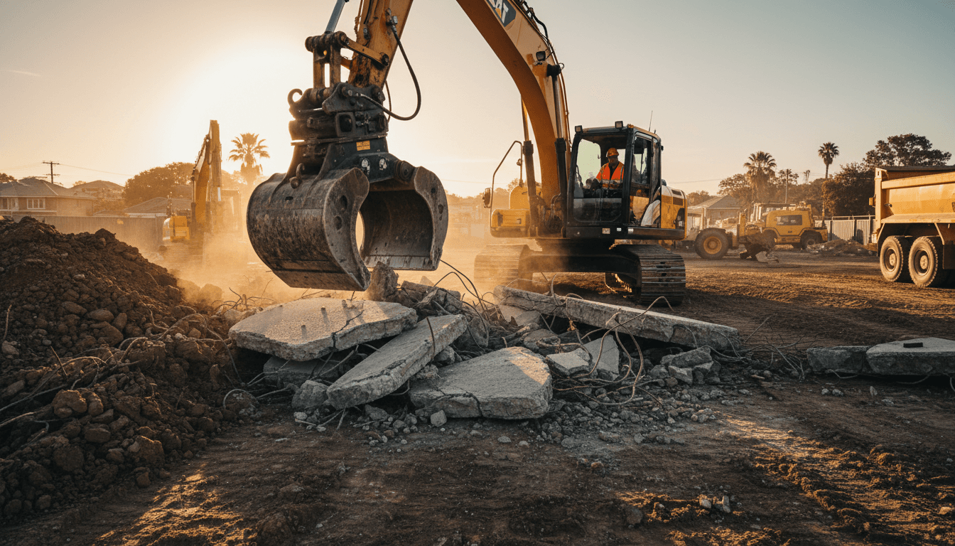 Excavation equipment removing concrete from a Melbourne site