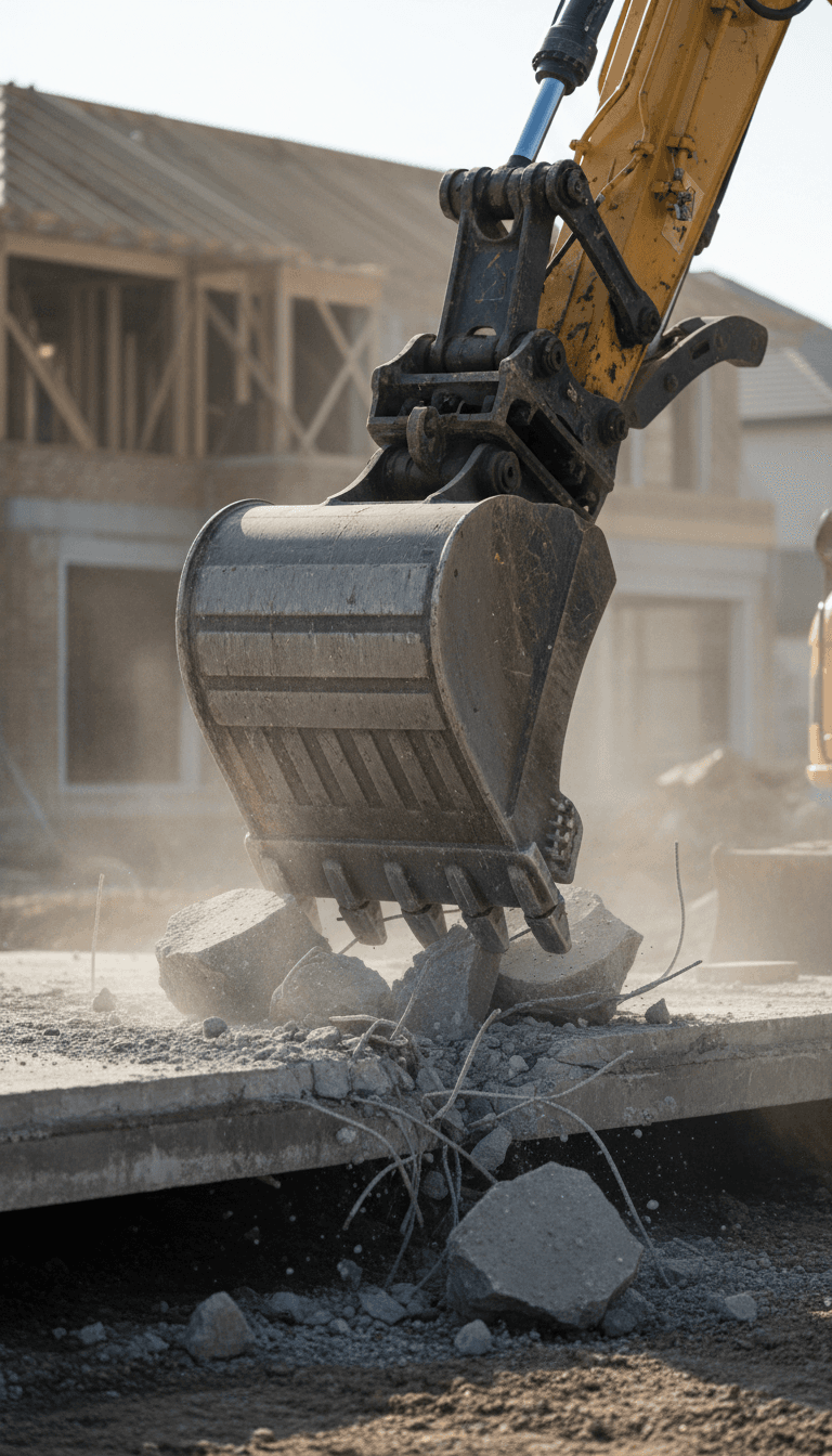 Excavator bucket breaking up concrete during removal